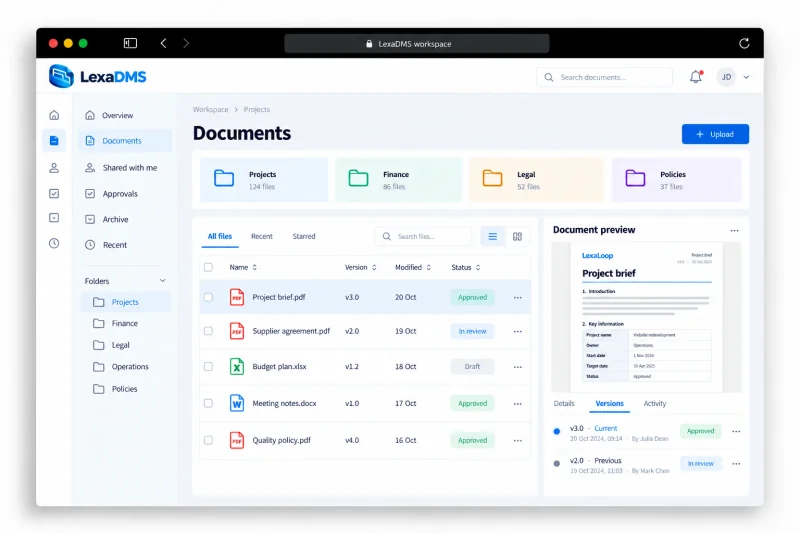 LexaDMS — Illustrative interface · Sample data
